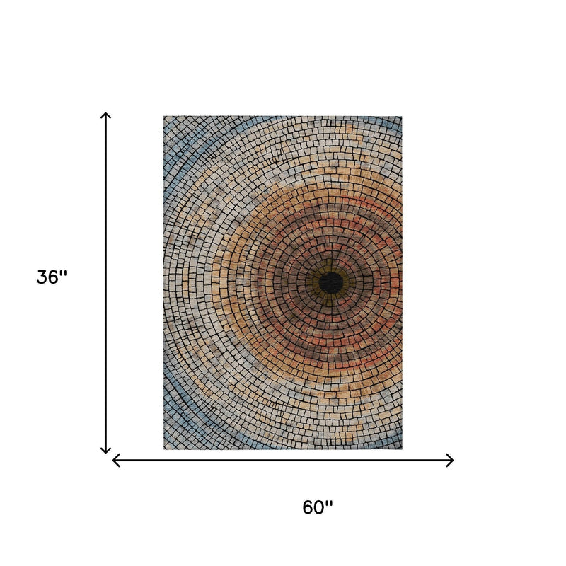 Area rug size diagram, 60 in by 36 in, geometric mosaic circular pattern
