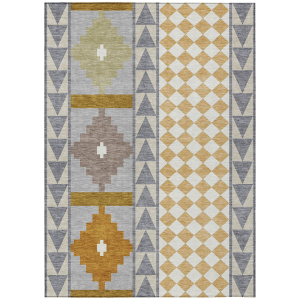 Gray and beige southwestern area rug with geometric panels and diamond pattern