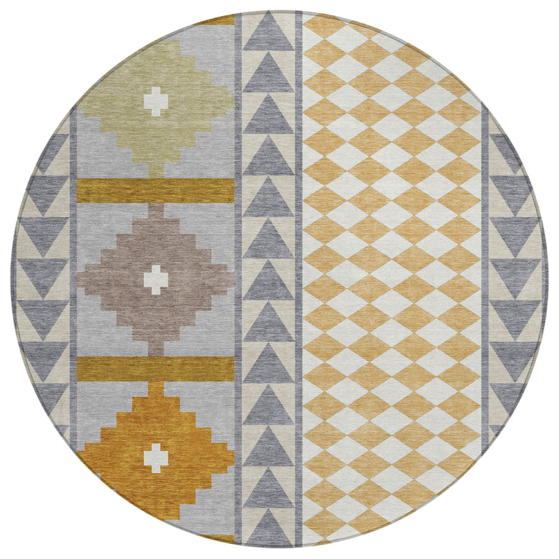 Round area rug with vertical stripe panel, diamonds, and cross motifs in gray and beige