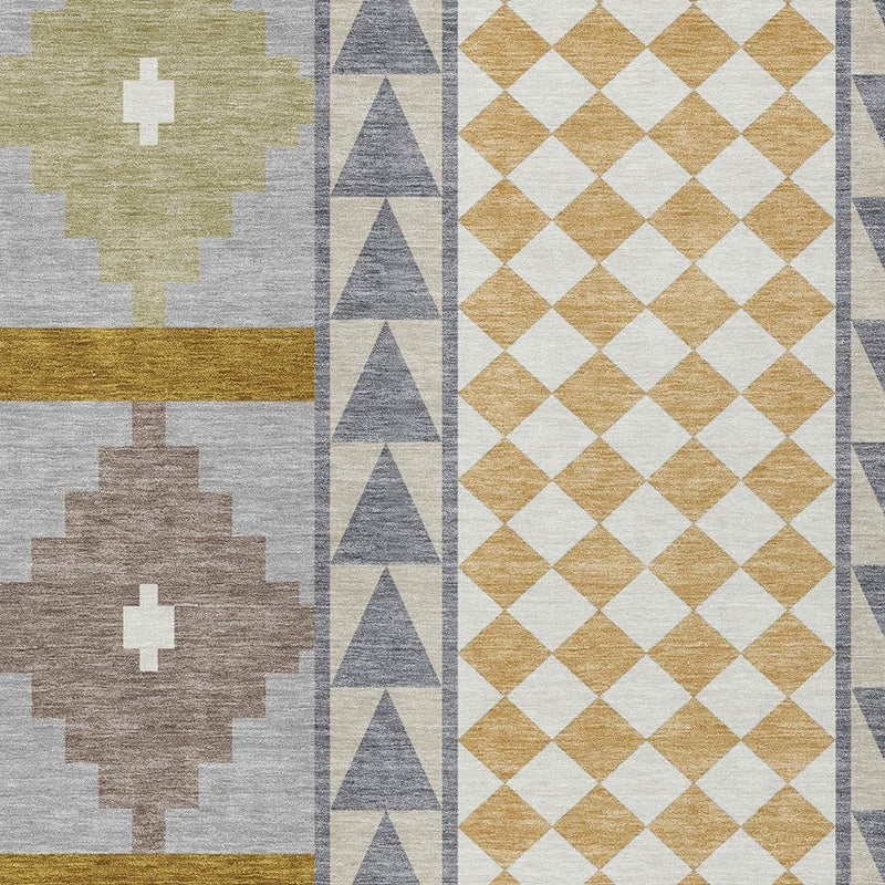 Close-up of gray, beige, and mustard southwestern rug patterns and diamond motifs