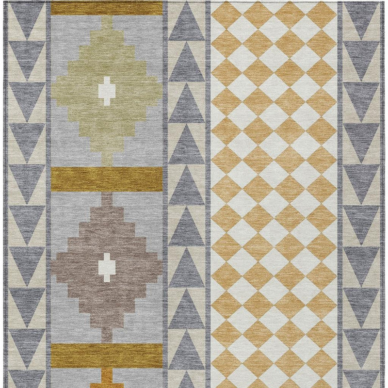Gray and beige southwestern area rug with multicolor medallion designs and diamond border