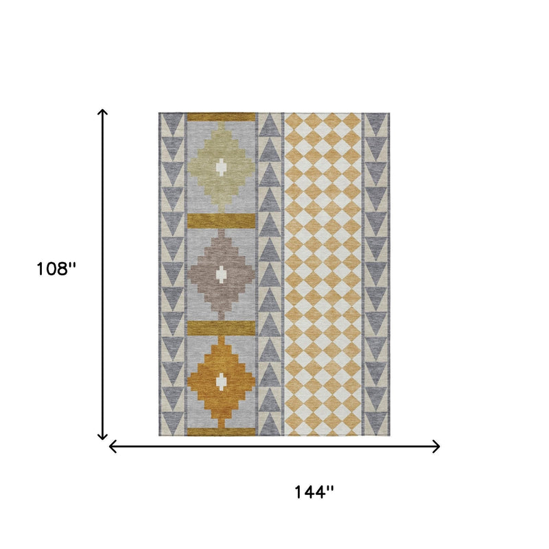 Gray and beige southwestern area rug size diagram showing 144 in by 108 in