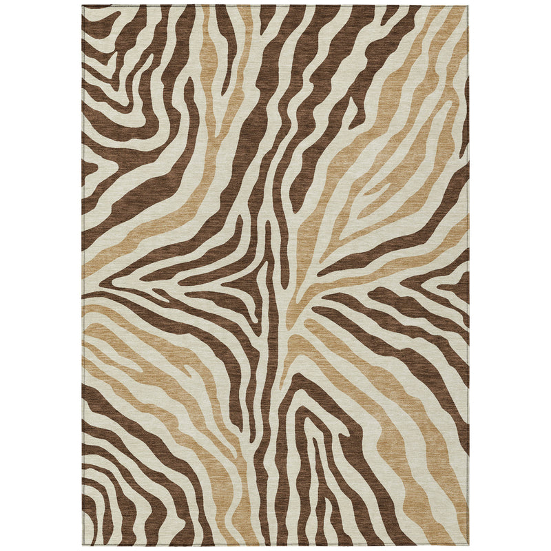 Zebra-print washable area rug with border, brown and beige