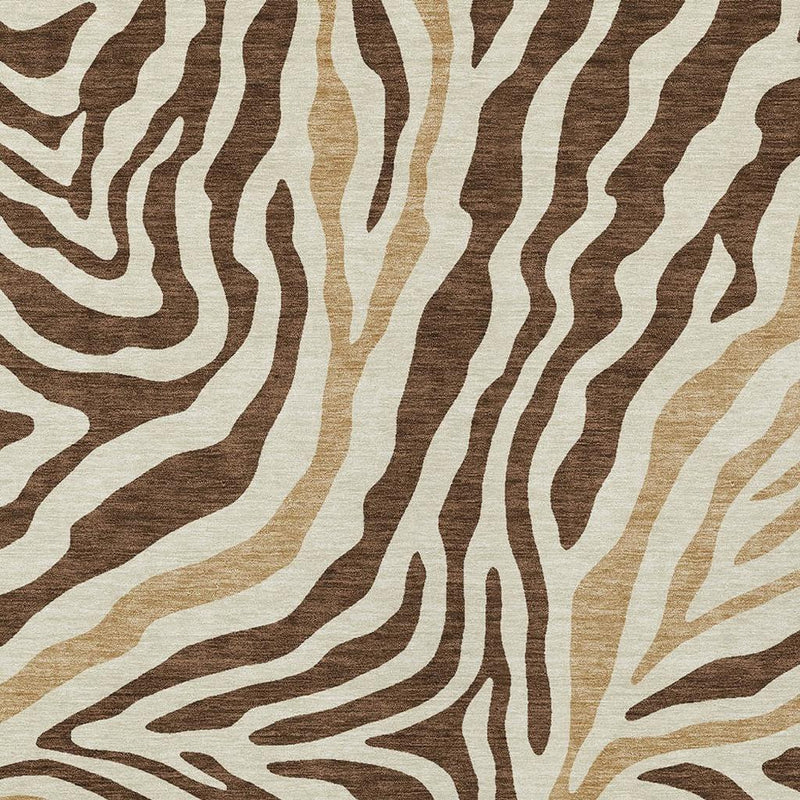 Close-up zebra pattern area rug in brown, beige, and cream tones