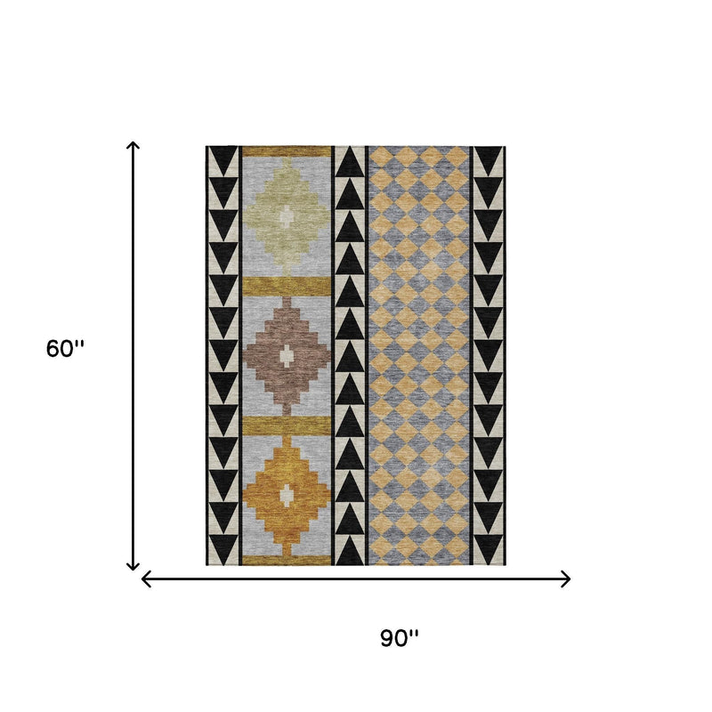 Geometric area rug, 60" x 90", with black border and beige/gray diamond and cross motifs