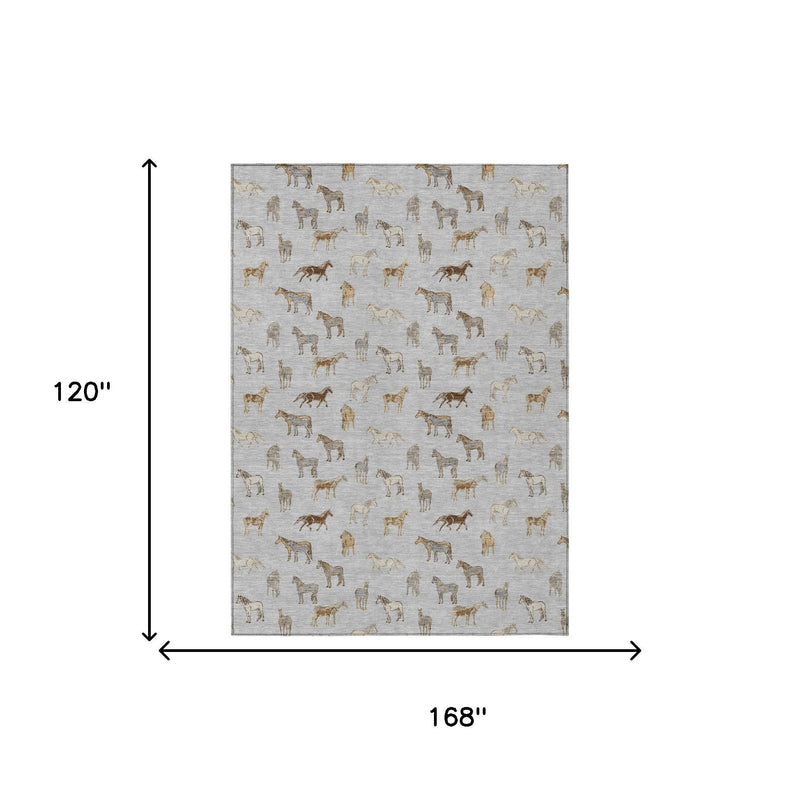 Rectangular rug with silver-gray base and gold horse pattern, shown with dimensions