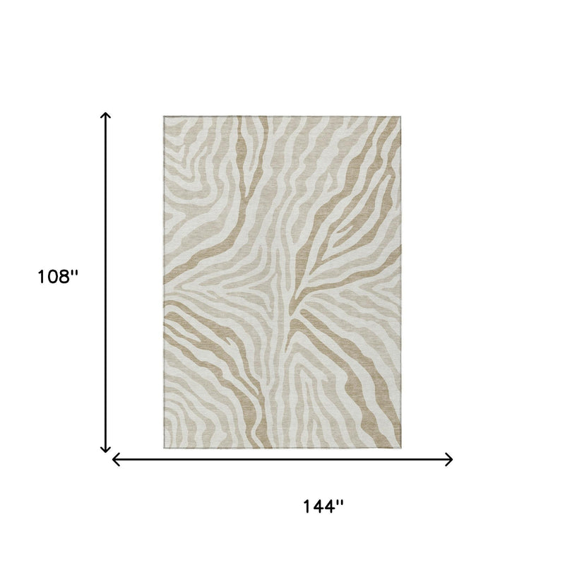 Ivory and beige zebra-print rectangular area rug shown with size dimensions