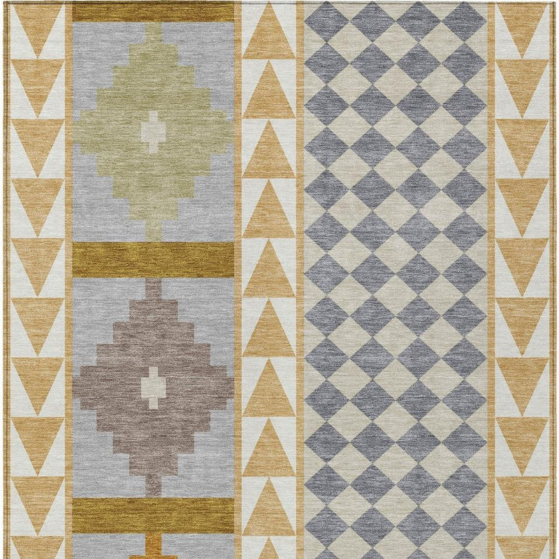 Flatwoven area rug with stacked medallion squares and a diamond checker panel in neutral tones
