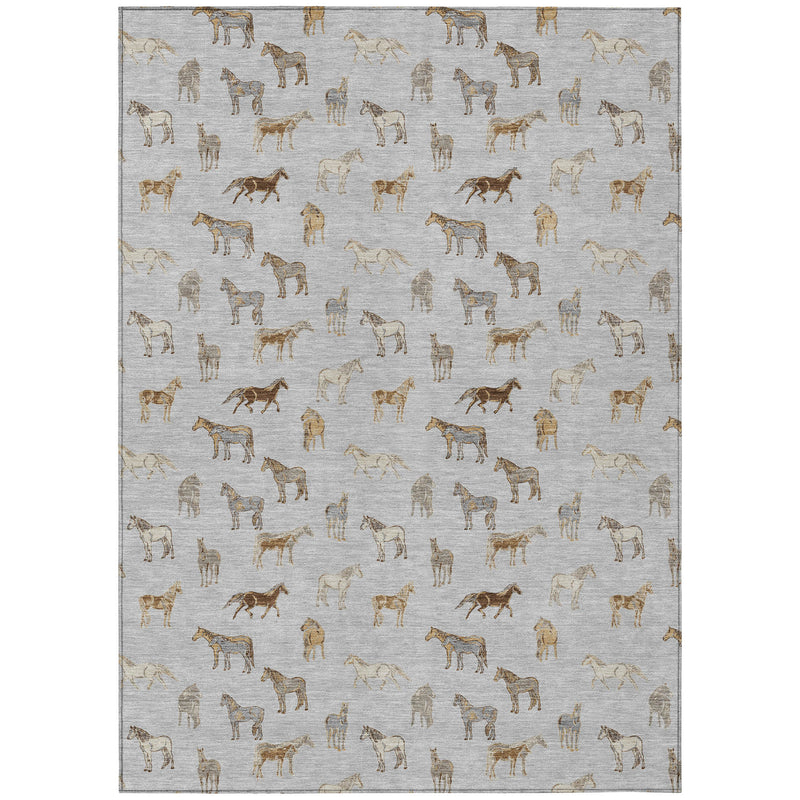 Beige and silver 3x5 area rug featuring all-over horse silhouettes
