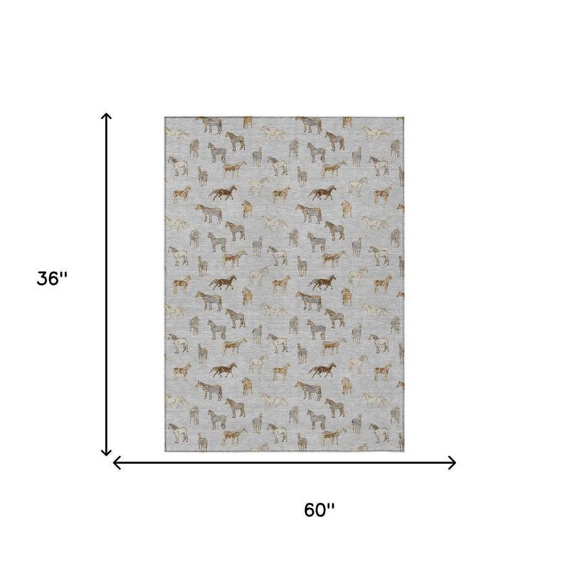 3 ft x 5 ft beige-and-silver area rug with repeating horse silhouette pattern