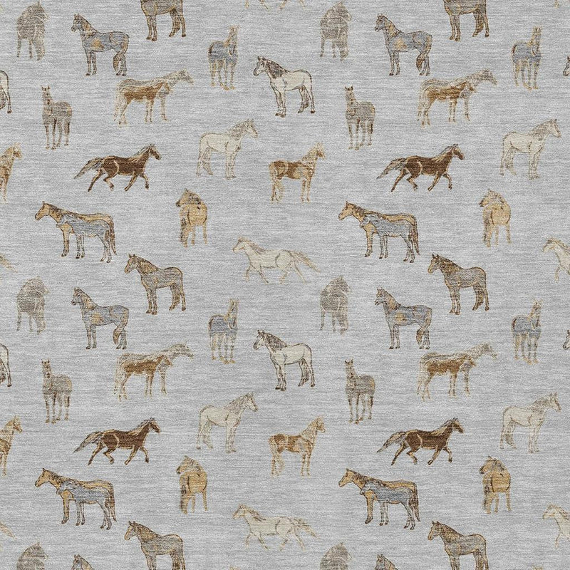 Silver rug with beige horse icons scattered across the surface