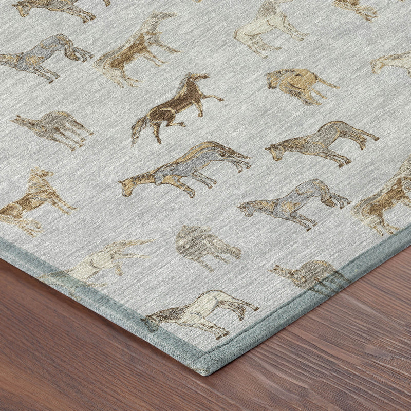 Silver area rug with beige horse pattern and teal edge binding corner view