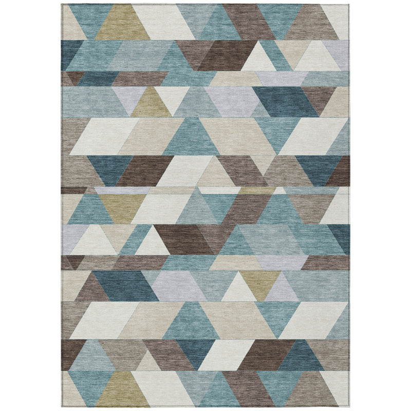 Full geometric area rug design in teal blue, pale aqua, and cream with brown accents