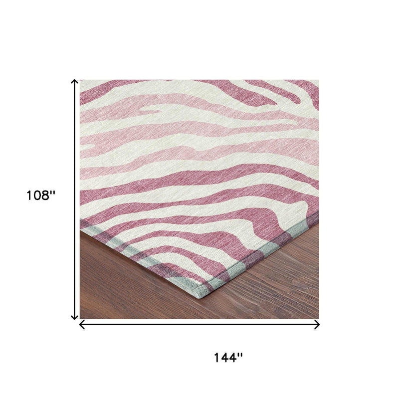 Pink and ivory zebra print area rug, 9 ft x 12 ft, shown with size markings