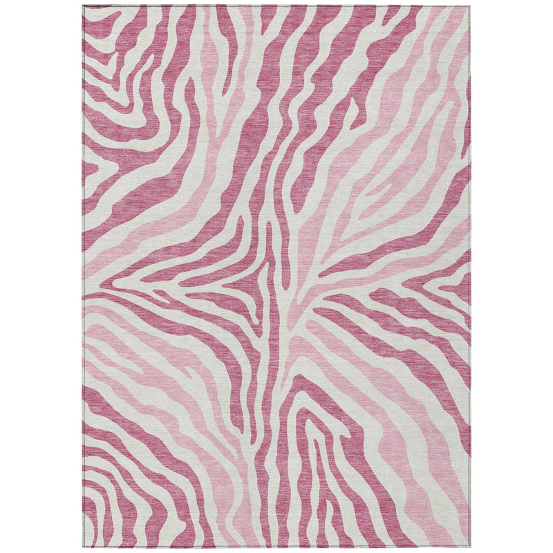Pink and ivory zebra print area rug with full-coverage wavy zebra stripes
