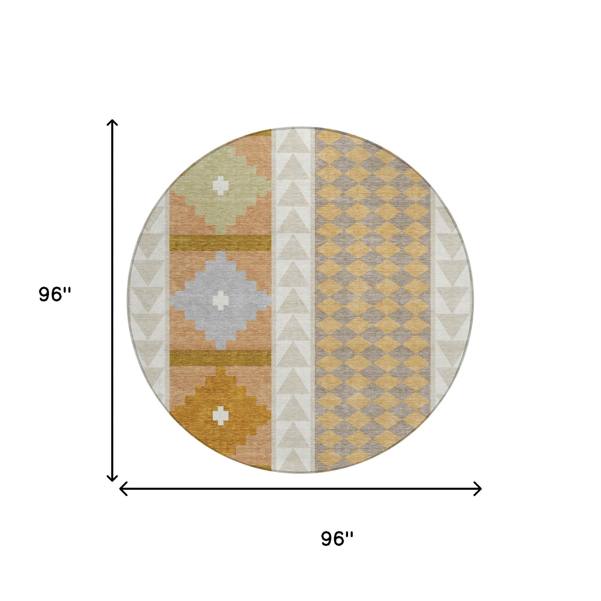 8' Beige And Orange Round Southwestern Washable Indoor Outdoor Area Rug - Sports & Outdoor