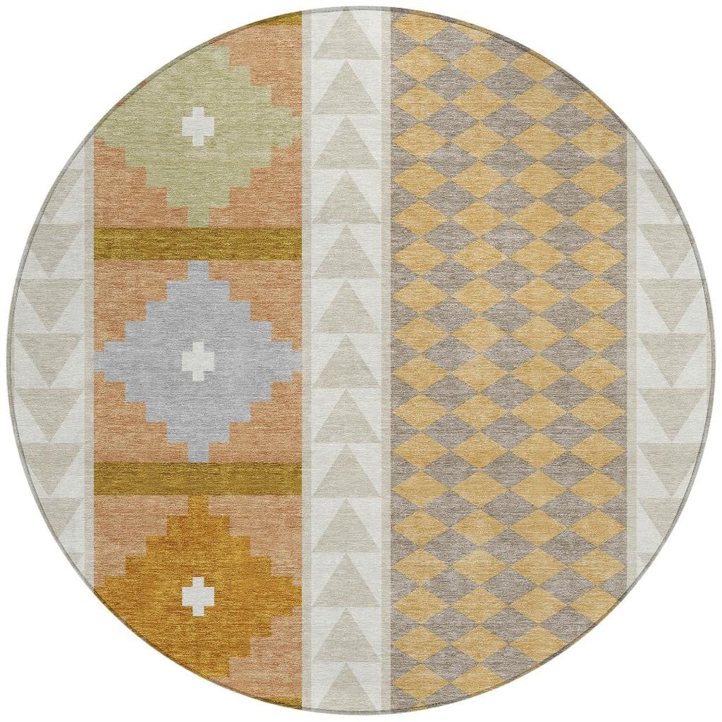 8' Beige And Orange Round Southwestern Washable Indoor Outdoor Area Rug - Sports & Outdoor