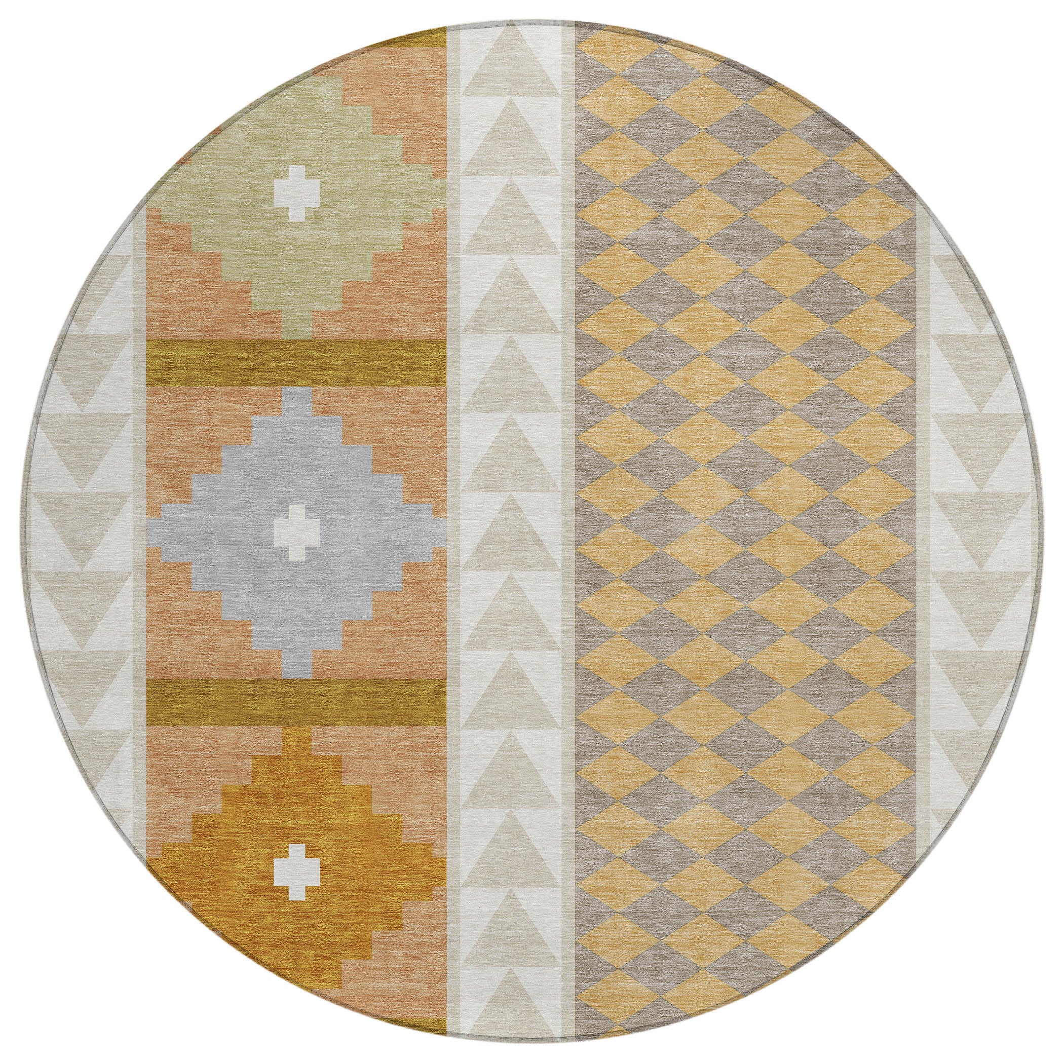 8' Beige And Orange Round Southwestern Washable Indoor Outdoor Area Rug - Sports & Outdoor