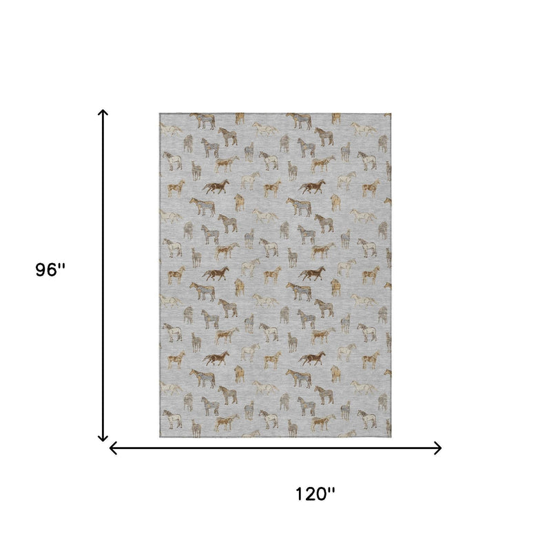 Horse-pattern rug size 96 in x 120 in, light gray with tan and gold horses