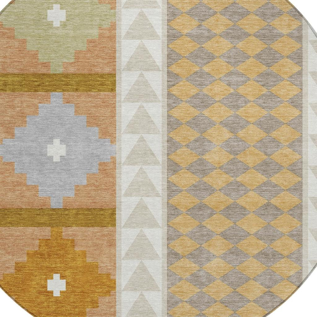 8' Beige And Orange Round Southwestern Washable Indoor Outdoor Area Rug - Sports & Outdoor