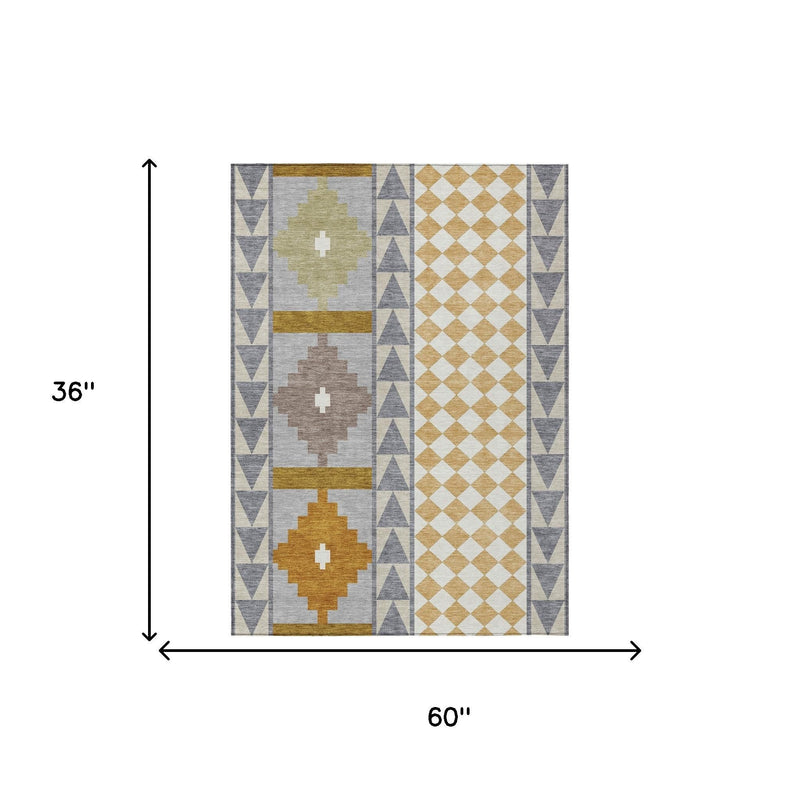 36 in x 60 in southwestern area rug with gray and beige medallion and diamond pattern