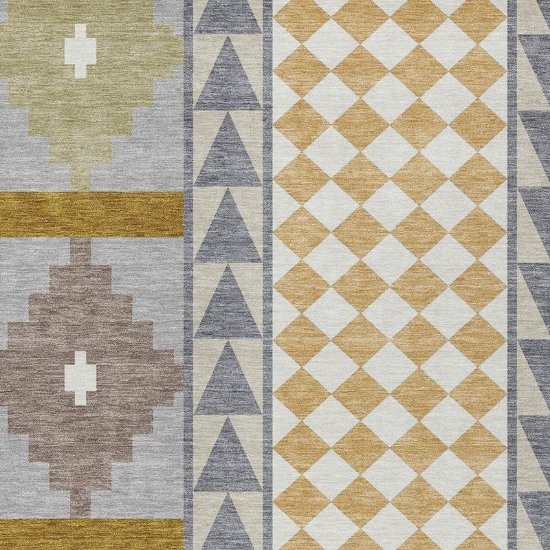 Geometric patchwork area rug section with gray, beige, and mustard cross medallions