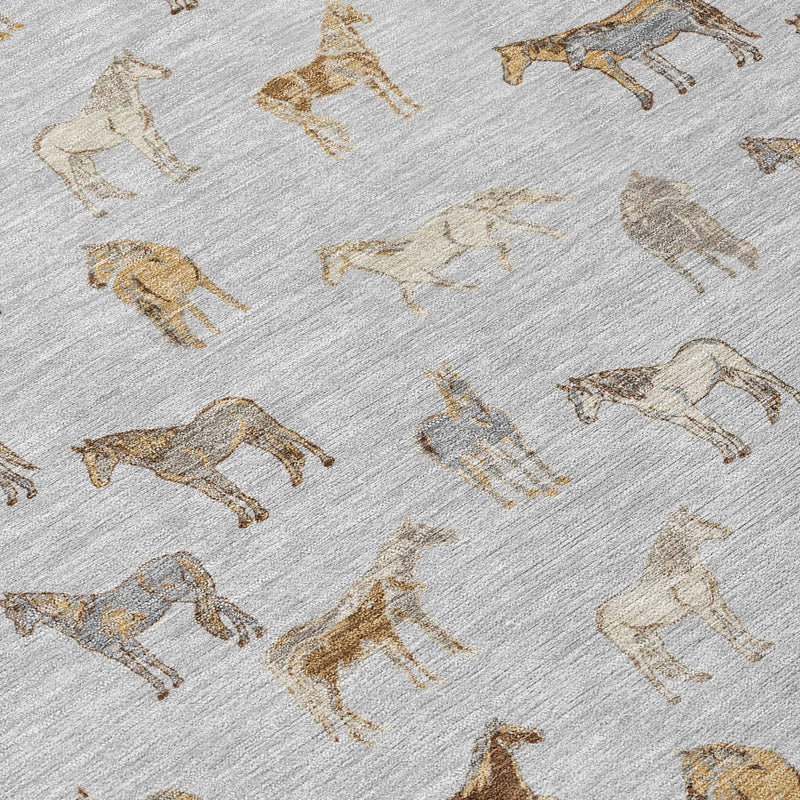 Textured horse print rug with beige and brown horse silhouettes on a light silver ground
