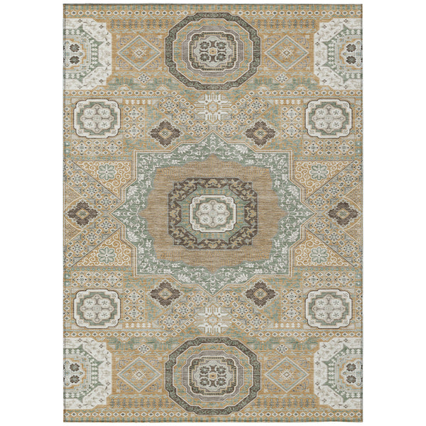 Area rug with gold, sage, and ivory geometric medallion pattern and border