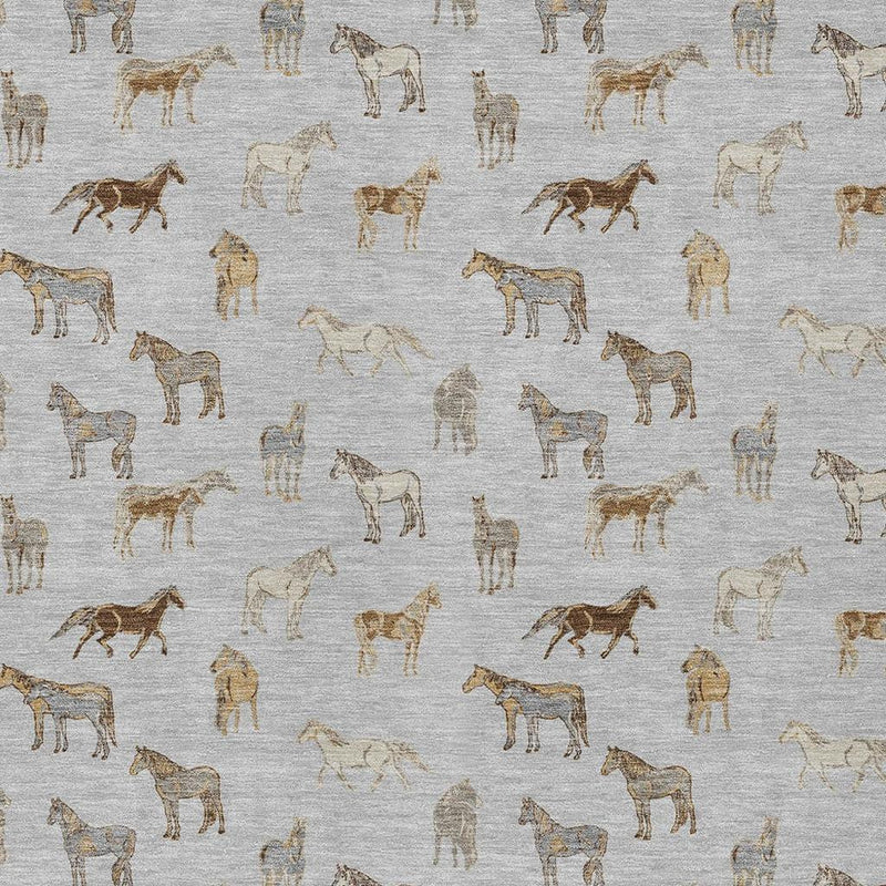 Close-up horse print rug pattern in beige and brown on a light silver background