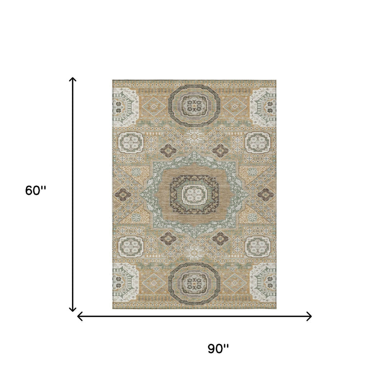 Rectangular area rug with ornate gold and sage medallion design, size 5 x 8 ft