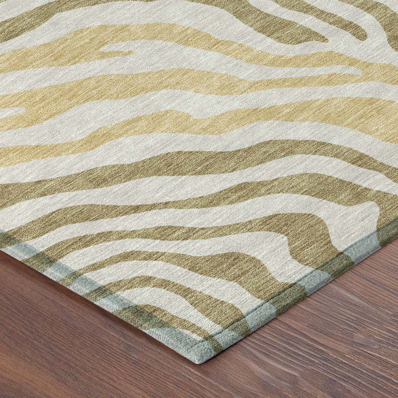 Corner view of zebra print area rug with cream, tan, and muted gold tones
