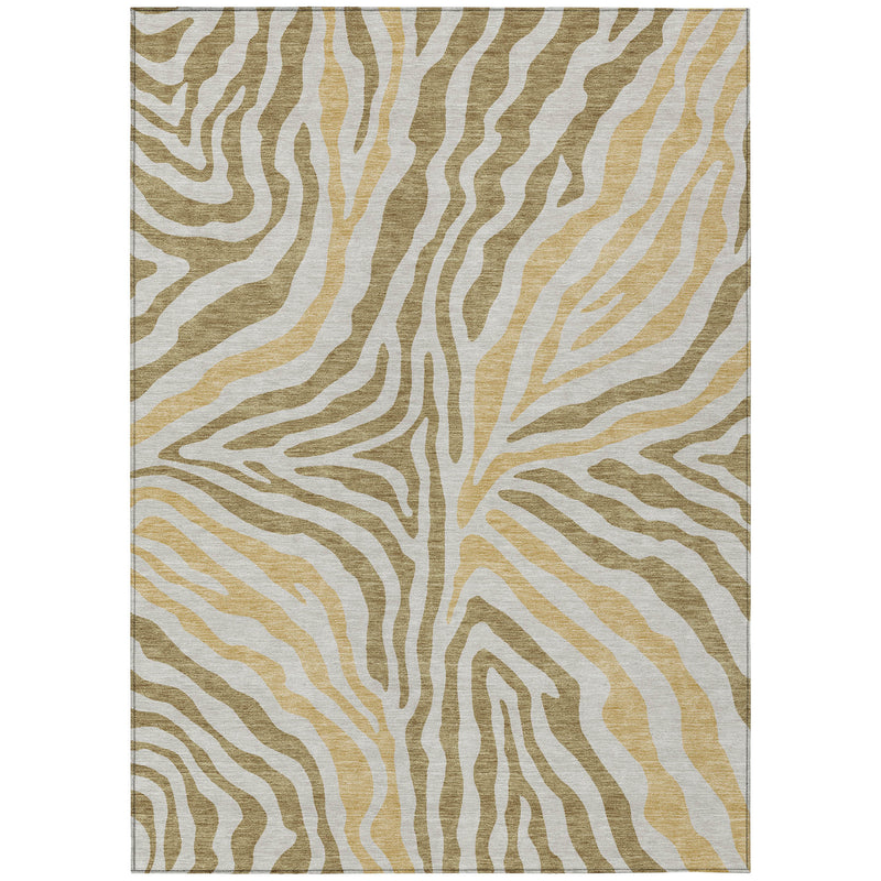 Rectangular zebra-pattern area rug with cream base and tan/gold wavy lines