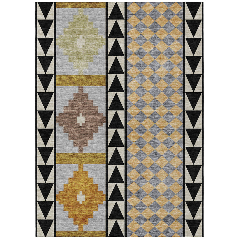 Southwestern area rug pattern with black triangle border, gray, beige, gold, and brown panels
