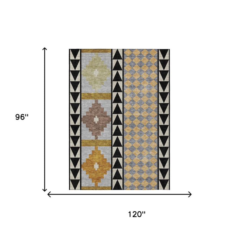 Rectangular area rug, 120 in by 96 in, southwestern pattern in gray, beige, gold, black