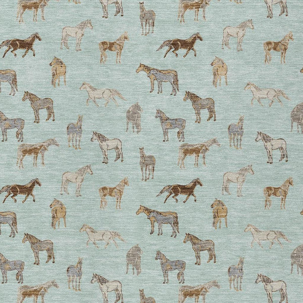 Mint green area rug with beige horse silhouettes scattered across the surface
