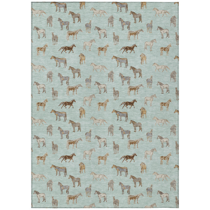 Straight-on view of mint green rug with repeating beige horse silhouettes