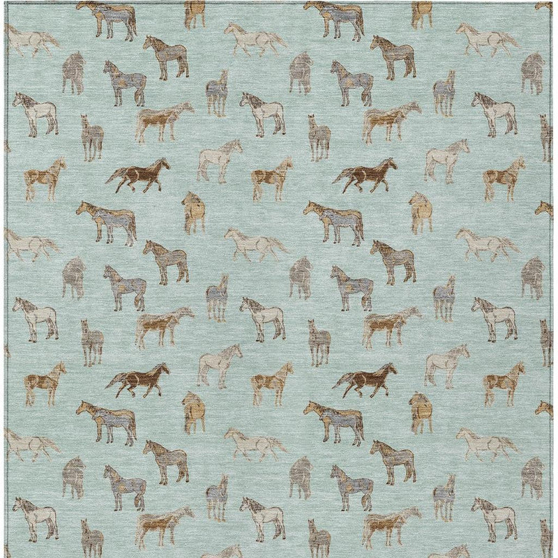 Mint green rectangular area rug featuring beige horses and animal motifs