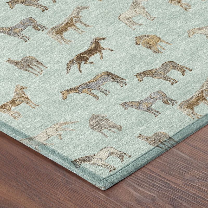 Corner view of mint green indoor/outdoor rug with beige horse pattern