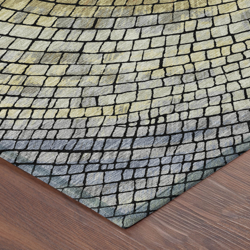 Geometric area rug corner with bricklike grid texture, gold and gray tones