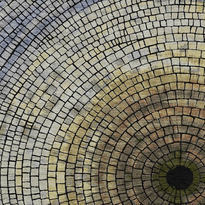 Geometric area rug with concentric ring mosaics, dark outlines on light gray