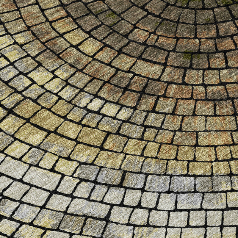 Geometric area rug texture with grid tiles in light gray, gold, and blue-gray