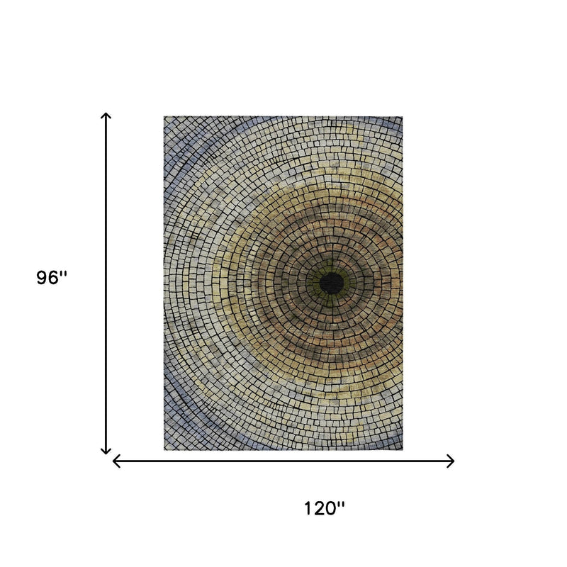 Geometric area rug, 8 ft x 10 ft, concentric mosaic circles in gold and gray