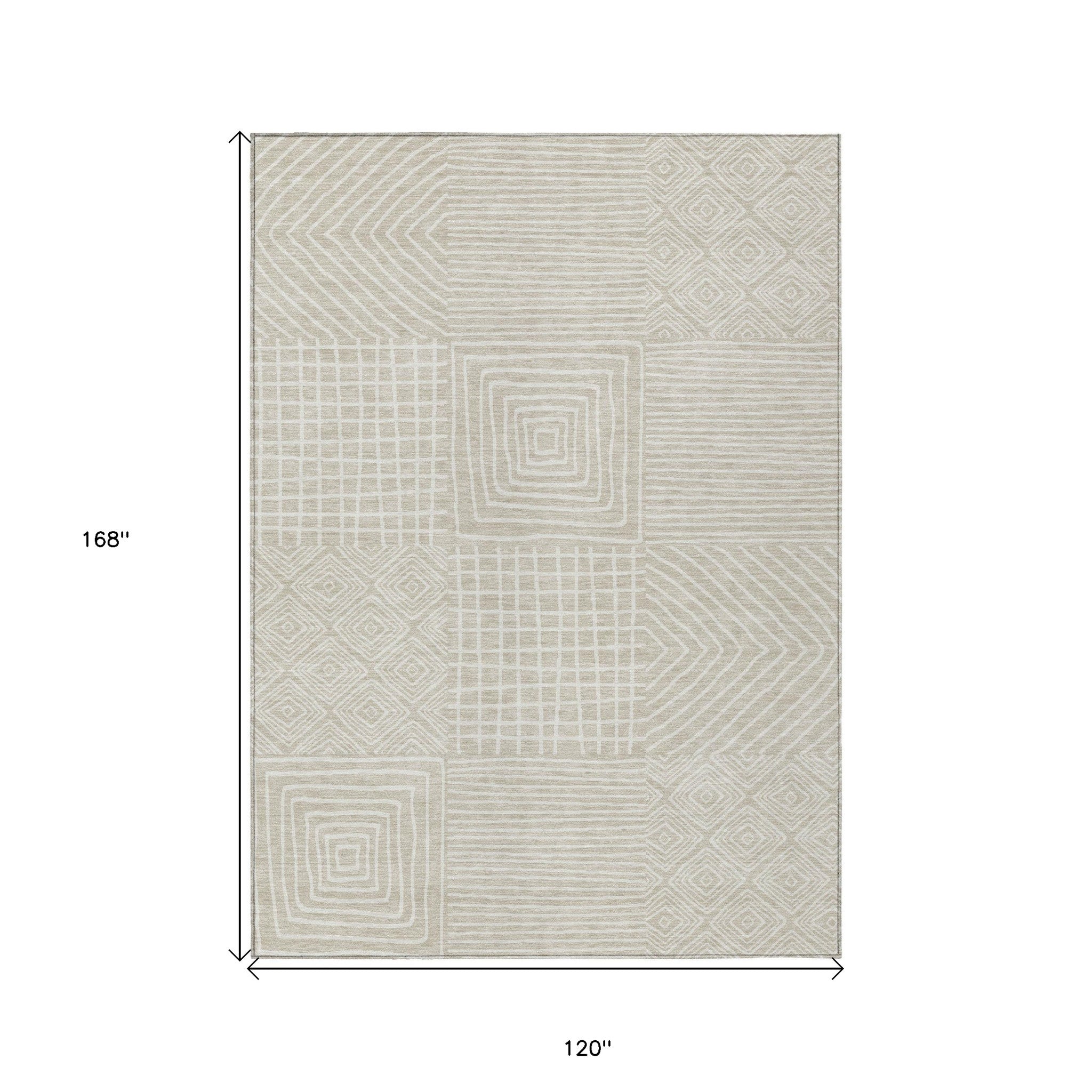 10' X 14' Beige And Ivory Geometric Washable Indoor Outdoor Area Rug - Outdoor