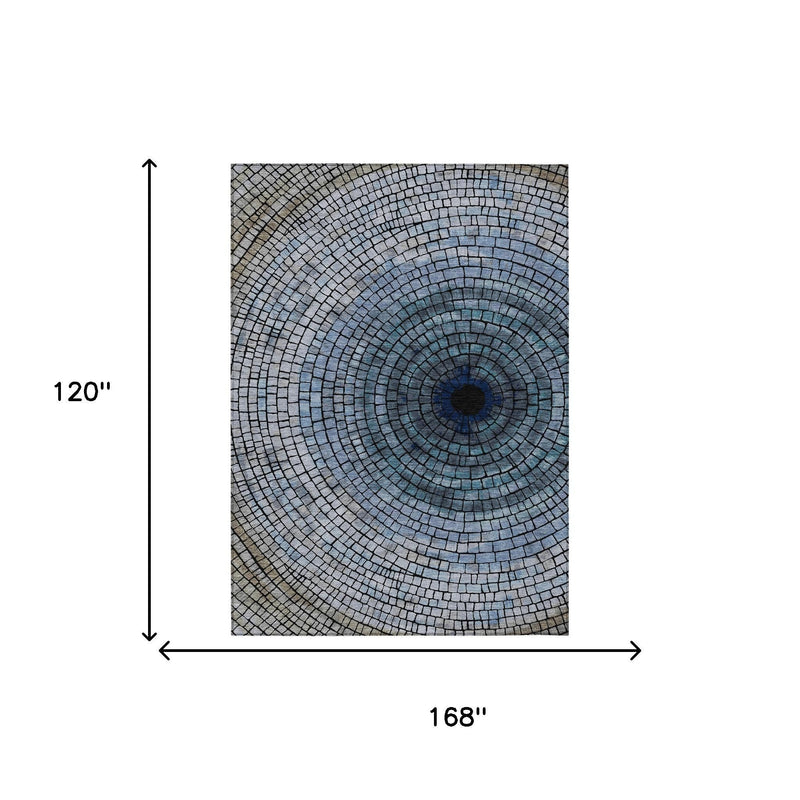 Denim blue geometric area rug, 168 x 120 in, concentric brick spiral design