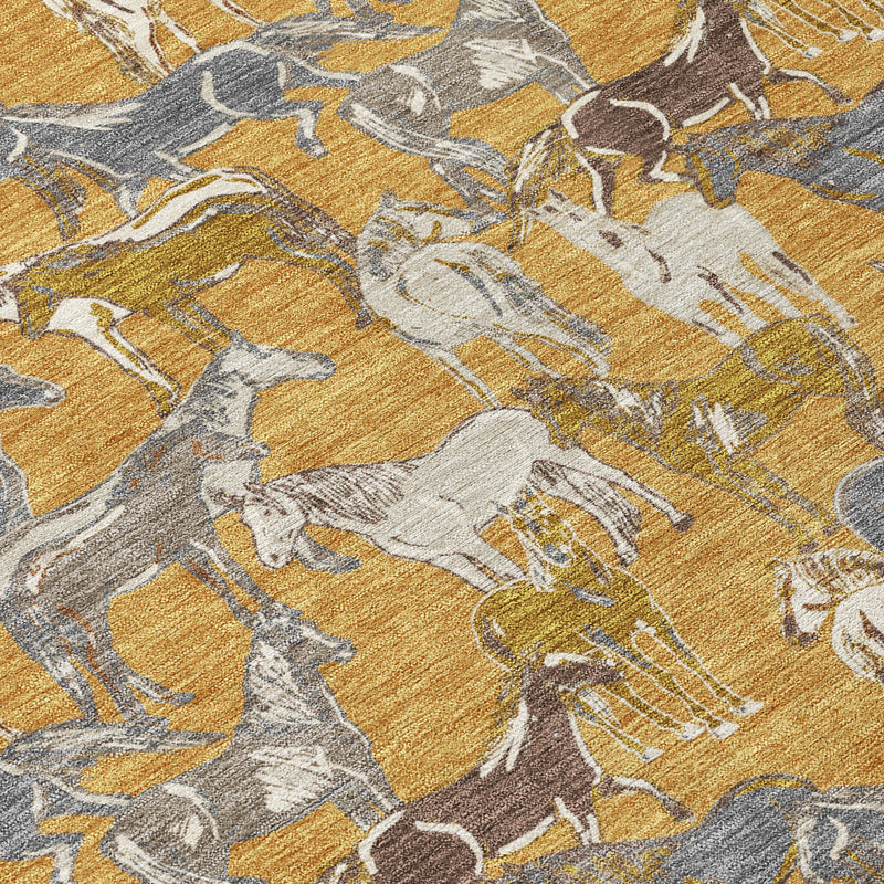 Close-up horse-print area rug in gold and beige with gray and white animals