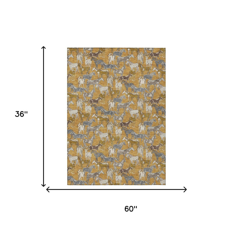 Gold and beige horse-print rug shown with size markings: 60 in by 36 in