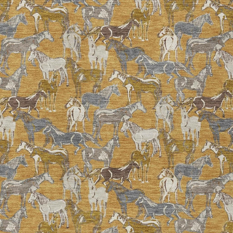Horse-print area rug with gold and beige background and gray and cream animal figures