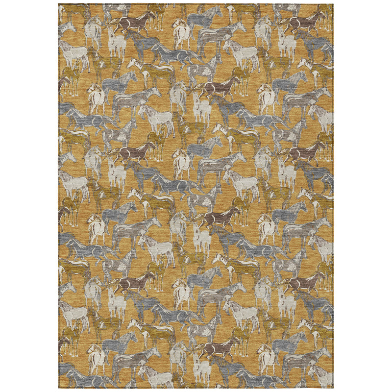 Rectangular gold and beige horse-pattern indoor outdoor area rug with gray accents