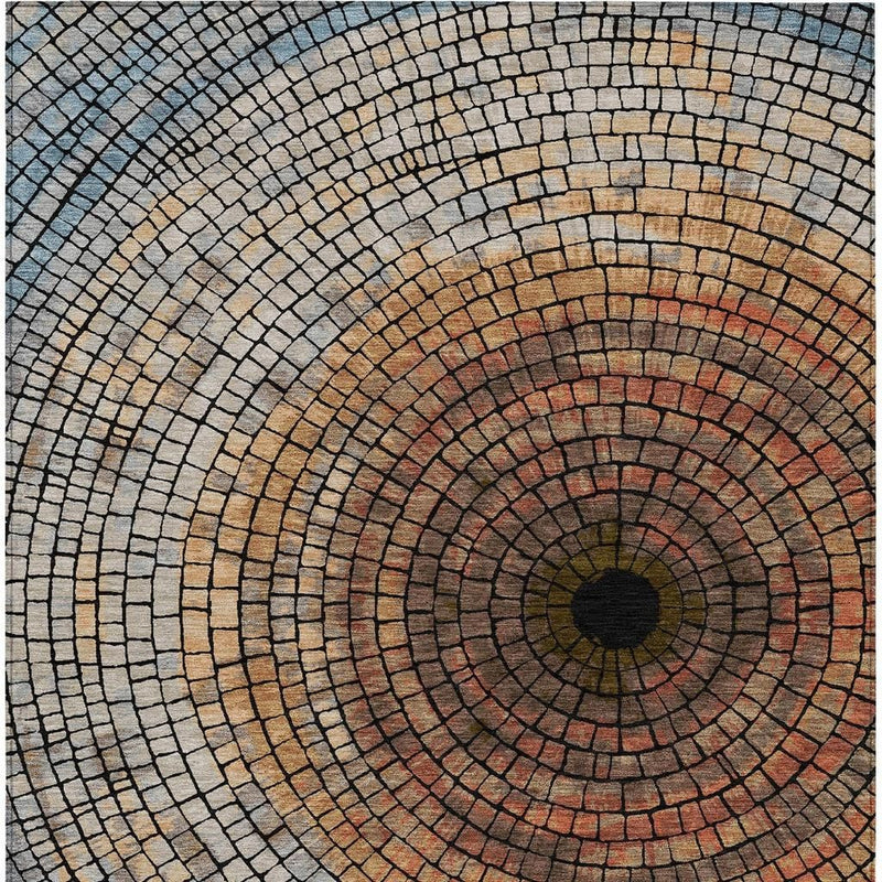 Geometric area rug with concentric circle mosaic in copper-orange, charcoal, and light gray