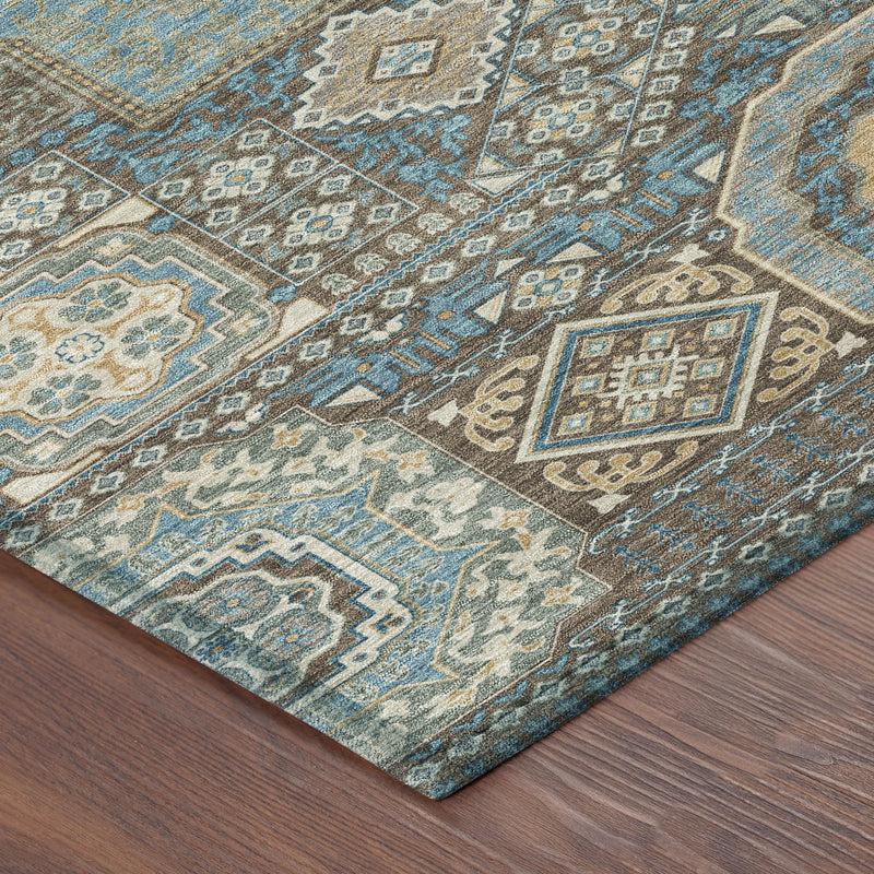 Corner view of blue and beige oriental area rug with detailed geometric tile pattern